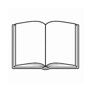 Puede incluir: Una ilustración de arte lineal en blanco y negro de un libro abierto con páginas en blanco. El dibujo presenta un contorno grueso de la cubierta y el lomo del libro, con líneas más finas que indican las páginas y el pliegue central.