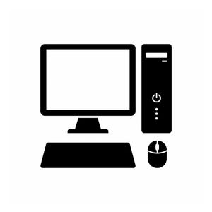 Könnte beinhalten: Ein schwarzes Computersymbol bestehend aus einem rechteckigen Monitorbildschirm, einem vertikalen Tower-Gehäuse mit Ein-Aus-Schalter und Kontrollleuchten, einer horizontalen Tastatur und einer Computermaus. Das Design ist eine solide Silhouette.