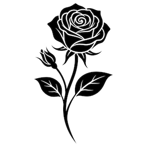 Può includere: Un'illustrazione grafica in bianco e nero di una singola rosa con un bocciolo chiuso più piccolo su uno stelo. Il disegno presenta una testa di rosa completamente aperta con petali stratificati, due foglie appuntite sullo stelo e linee nere nette.