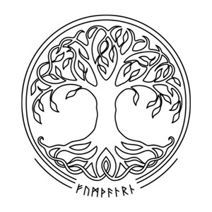 May include: A black and white circular graphic design featuring a stylized tree with intricate, flowing branches and roots enclosed within a thin border. Below the tree, a series of runic characters are arranged in a curved line along the bottom.
