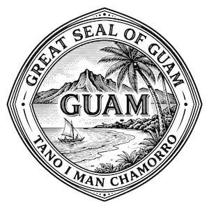 May include: A black and white circular emblem featuring the Great Seal of Guam. The design includes a mountain, a palm tree, a proa boat on the water, and the text GREAT SEAL OF GUAM and TANO I MAN CHAMORRO surrounding the central word GUAM.