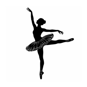May include: A black silhouette graphic of a ballet dancer in a dynamic pose. The figure is captured mid-dance, wearing a tutu with visible pleats and pointe shoes with ribbon detailing, with one arm extended upward and one leg extended outward.