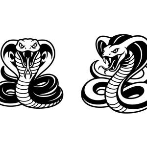 May include: Two black and white graphic illustrations of cobra snakes. The left cobra faces forward with an open mouth and flared hood. The right cobra is angled to the side with an open mouth, visible fangs, and a forked tongue extending outward.