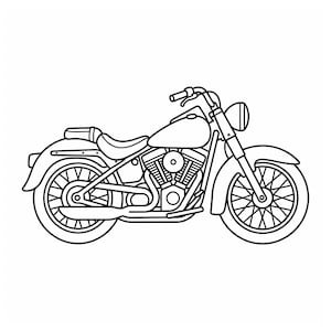 Peut inclure: Une illustration en noir et blanc au trait d'une moto de type cruiser vue de profil. La moto présente un grand réservoir de carburant, un moteur en V, des roues à rayons, un phare rond et une selle basse avec un garde-boue arrière.