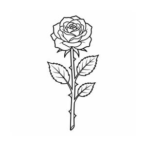 Puede incluir: Una ilustración de arte lineal en blanco y negro de una sola rosa. El dibujo presenta una flor detallada con pétalos en capas, un tallo largo con pequeñas espinas y tres hojas dentadas que se extienden desde los lados del tallo central.