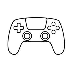 Puede incluir: Una ilustración de arte lineal en blanco y negro de un mando de videojuegos. El diseño presenta un panel táctil central, una cruceta a la izquierda, cuatro botones de acción circulares a la derecha y dos joysticks situados bajo el centro.