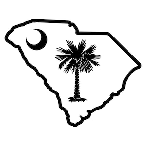 May include: A black and white graphic illustration of the state of South Carolina. The outline of the state is thick and black, containing a black crescent moon in the upper left corner and a black palmetto tree centered in the middle.
