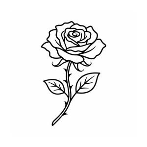 Könnte beinhalten: Eine schwarz-weiße Strichzeichnung einer einzelnen Rose. Das Design zeigt eine detaillierte Rosenblüte mit geschichteten Blütenblättern, einen schlanken Stiel mit spitzen Dornen und zwei symmetrische Blätter, die seitlich vom Stiel abstehen.