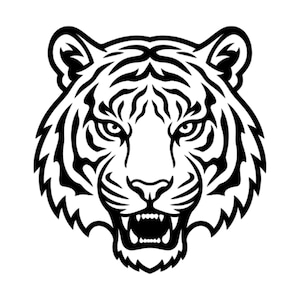 May include: A black and white graphic illustration of a tiger head facing forward. The design features bold, thick lines outlining the tiger's facial features, including pointed ears, intense eyes, and an open mouth showing sharp teeth and fangs.