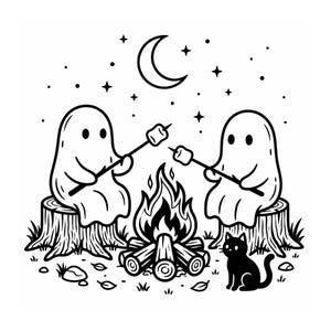 Puede incluir: Una ilustración de arte lineal en blanco y negro que muestra a dos fantasmas sentados en troncos de árboles, asando malvaviscos sobre una fogata. Un pequeño gato negro está sentado cerca en el suelo. Una luna creciente y estrellas llenan el cielo.