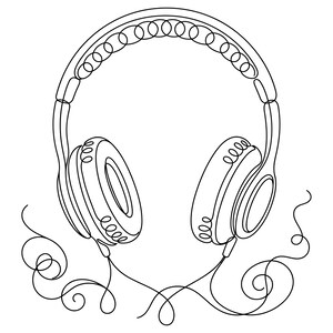 May include: A black and white line art illustration of over-ear headphones. The design features a continuous single-line style with circular patterns along the headband and ear cups, with two thin wires extending from the bottom in swirls.