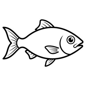 Könnte beinhalten: Eine schwarz-weiße Strichzeichnung eines Fisches im Profil. Der Fisch hat einen abgerundeten Körper, ein großes kreisförmiges Auge, eine Rückenflosse, eine Brustflosse, eine Bauchflosse und eine gegabelte Schwanzflosse, umrandet mit dicken Linien.