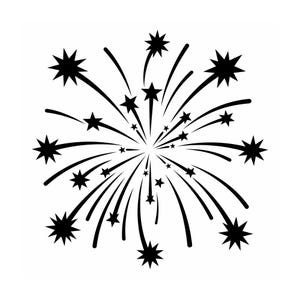 Peut inclure: Une illustration graphique noire représentant une explosion de feu d'artifice, composée de multiples lignes rayonnantes et d'étoiles à huit branches de tailles variées émanant d'un point central, formant un motif symétrique en étoile.