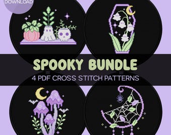 Spooky Cross Stitch Pattern Bundle - Cute Halloween Cross Stitching Designs (Digital Download)
