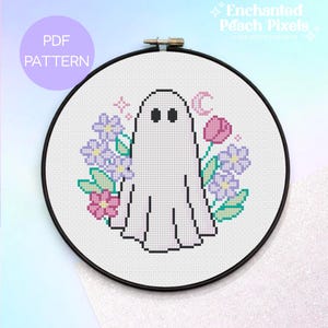 Floral Ghost Cross Stitch Pattern Spooky – Easy Halloween Embroidery (Digital PDF)