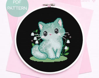 Lily Of The Valley Cat Cross Stitch Pattern - Black Cross Stitching Design (Digital PDF)