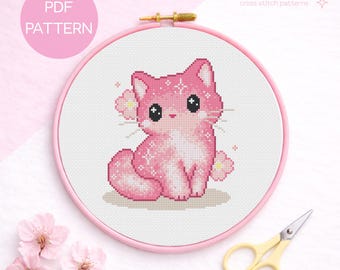 Sakura Cat Cross Stitch Pattern - Cherry Blossom Cross Stitching Design (Digital PDF)