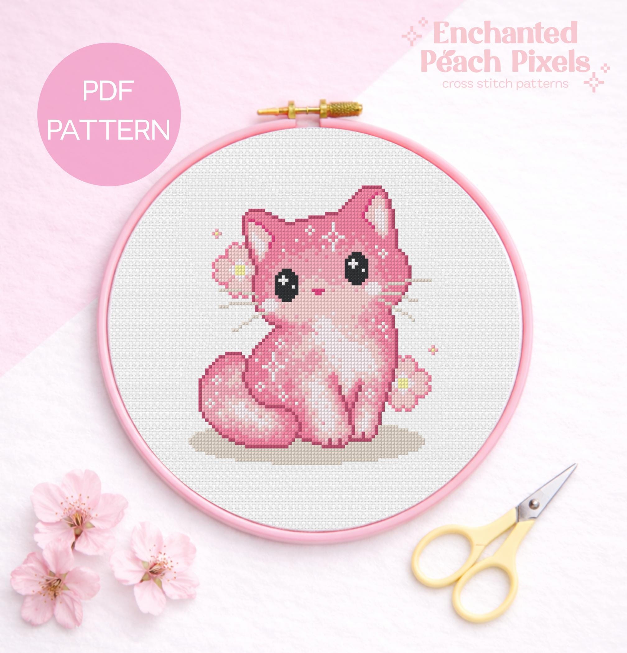 Sakura Cat Cross Stitch Pattern - Cherry Blossom Cross Stitching