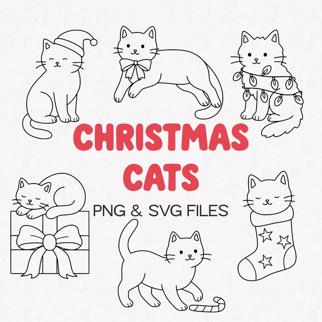 Christmas Cats SVG and PNG Files Winter Cat Clipart Bundle Line Art ...