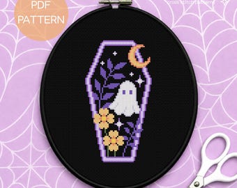 Ghost Coffin Cross Stitch Pattern - Cute Spooky Cross Stitching Design (Digital PDF)