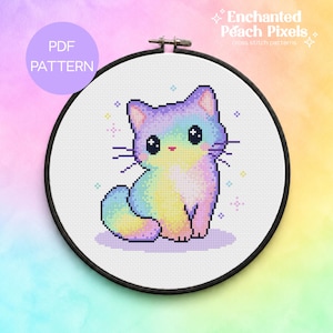 Regenbogen Katze Kreuzstichmuster - Buntes Kätzchen Kreuzstich Design (Digitales PDF)