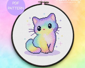 Rainbow Cat Cross Stitch Pattern - Colorful Kitten Cross Stitching Design (Digital PDF)