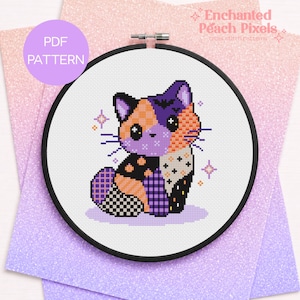 May include: A cross stitch pattern in a black embroidery hoop featuring a pixel art cat with a patchwork design in orange, purple, black, and white. The cat has large black eyes, whiskers, and small bat silhouettes. Text reads PDF PATTERN.