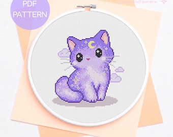 Purple Moon Cat Cross Stitch Pattern - Whimsical Cross Stitching Design (Digital PDF)