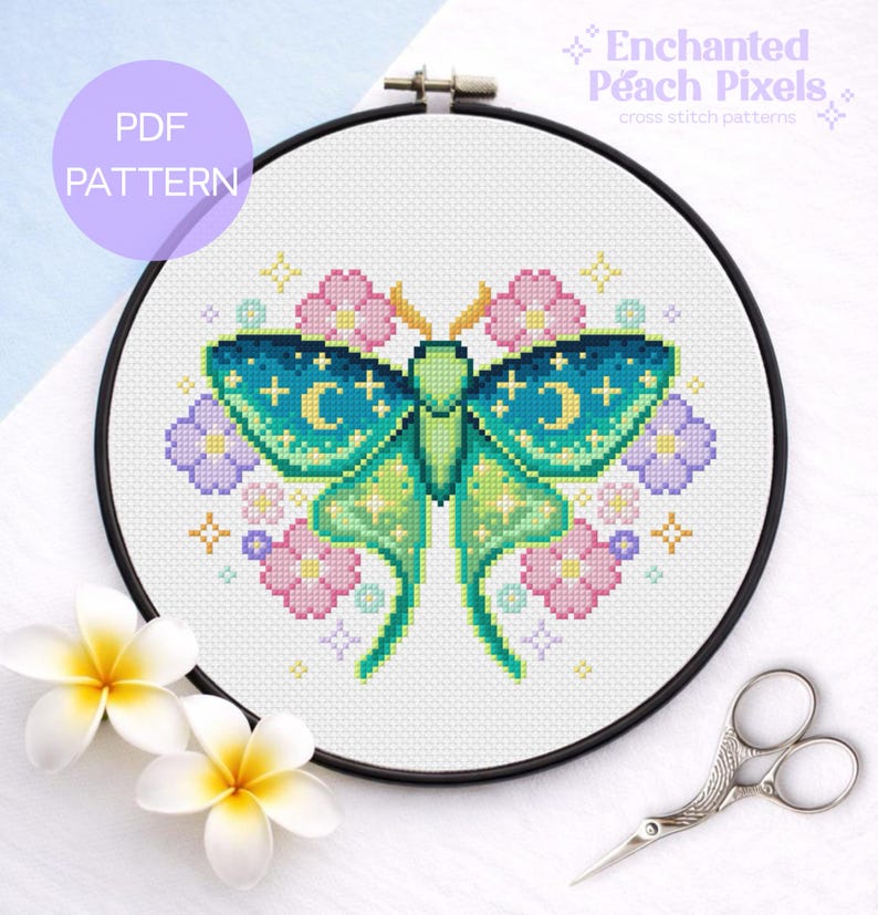 Luna Moth Cross Stitch Pattern - Floral Insect Cross Stitching Design ...