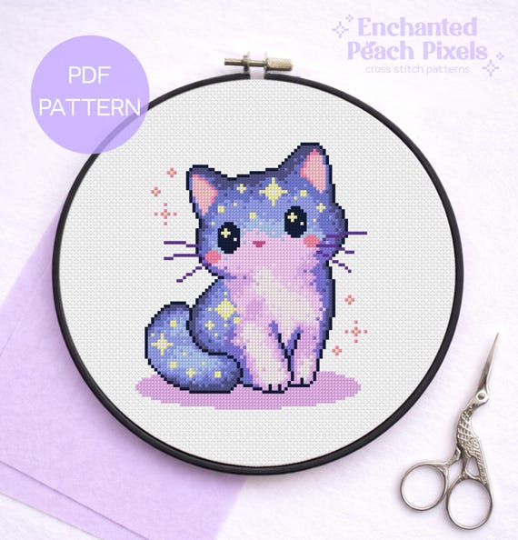 Galaxy Cat Cross Stitch Pattern - Celestial Kitten Cross Stitching Design (Digital PDF)