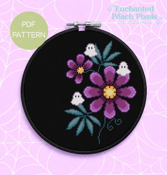 Ghost Flowers Cross Stitch Pattern - Halloween Floral Cross Stitching Design (Digital PDF)