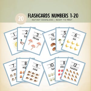 Flashcards Posters 1–20 | Printable preschool  |  Watercolor nature