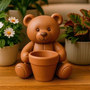 May include: A brown teddy bear-shaped planter holding a terracotta pot. The bear has a smiling face and is surrounded by potted plants with green leaves and white flowers. The scene is set on a wooden surface.