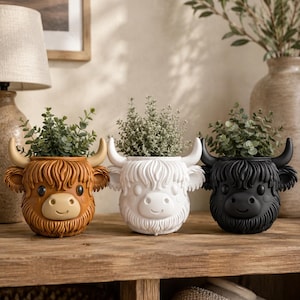 Highland Cow Planter | Cute Animal Pot 3D Print Model | Scottish Cow Head Planter | Digital Download | STL File