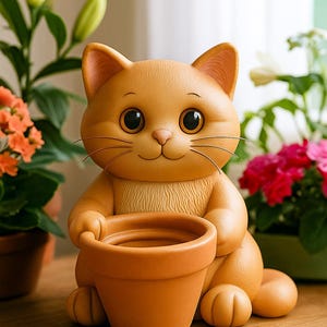 以下が含まれることがあります： 小さなテラコッタの植木鉢を持った、愛らしいオレンジ色の猫の置物。猫は大きく、表情豊かな目と笑顔の顔をしています。背景には、白とピンクの花が咲く鉢植えの植物があり、庭のテーマを示唆しています。