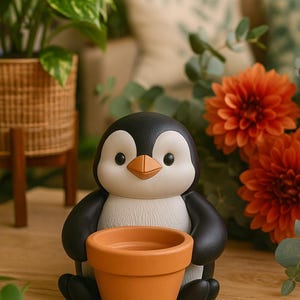 May include: A penguin-shaped plant pot in black, white, and orange, holding a small terracotta pot. The penguin has a cheerful expression. The background includes orange flowers and greenery, creating a playful, decorative item.