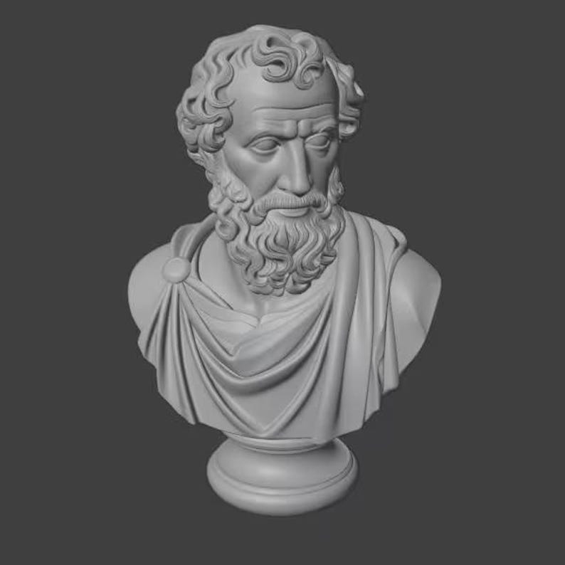 May include: A gray bust of a man with curly hair and a beard, wearing a draped garment. The sculpture is mounted on a round pedestal. The bust is a classical art piece.