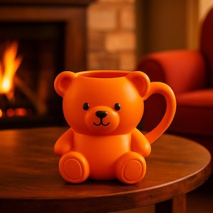 Puede incluir: Una taza de cerámica naranja con forma de oso de peluche, con nariz y ojos negros, y un asa. La taza está sobre una mesa de madera oscura. El fondo incluye una chimenea y una silla roja.