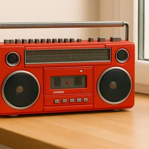 May include: A vibrant red retro boombox with a silver handle and black speaker grilles. The stereo features a cassette player and radio dial. The word "STEREO" is printed on the front. The boombox is on a wooden surface.