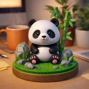 May include: A cute panda ornament with a black and white body, black ears, and pink paw pads. The panda sits on a green base with rocks and bamboo stalks. The ornament is a decorative item.