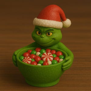 May include: A green figurine of a character wearing a Santa hat, holding a green bowl filled with red, white, and green sweets. The sweets include striped peppermint sweets. The figurine has yellow eyes and a slight smile.