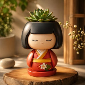 May include: A Kokeshi doll-shaped planter with a black 'hair' top and a red kimono, holding a green succulent. The planter is set on a wooden base. A unique decorative item, perfect for adding a touch of Japanese culture to any space.