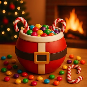 Könnte beinhalten: Ein roter Behälter im Santa-Thema, gefüllt mit bunten Süßigkeiten und zwei Zuckerstangen. Der Behälter hat eine weiße Verkleidung, einen braunen Gürtel und eine goldene Schnalle. Verstreute Süßigkeiten und eine Zuckerstange liegen auf der Holzoberfläche. Ein Weihnachtsbaum und ein Kamin befinden sich im Hintergrund.