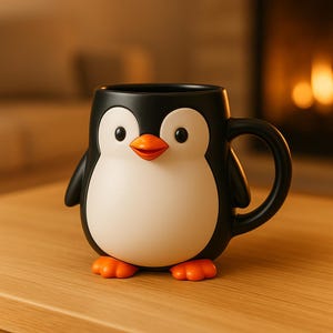 May include: A black and white penguin-shaped mug with an orange beak and feet. The mug has a large handle and is sitting on a wooden surface. The mug is designed to look like a cartoon penguin.