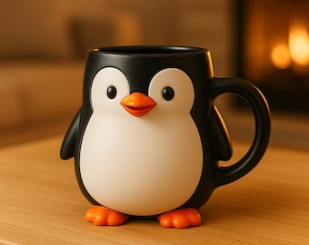 May include: A novelty penguin-shaped mug in black and white, with an orange beak and feet. The mug has a large handle and is on a wooden surface. The mug is designed to look like a cartoon penguin.