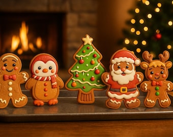 Könnte beinhalten: Festliche Auswahl an Lebkuchen in Form eines Lebkuchenmanns, Pinguins, Weihnachtsbaums, Weihnachtsmanns und Rentiers. Die Kekse sind mit farbigem Zuckerguss verziert und auf einem Metalltablett präsentiert.