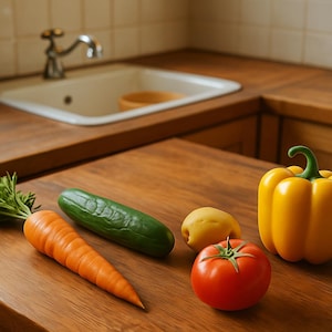 Peut inclure: Nature morte de légumes frais sur un plan de travail en bois dans une cuisine. On y trouve une carotte orange vif, un concombre vert, un poivron jaune, une tomate rouge et une petite pomme de terre jaune.