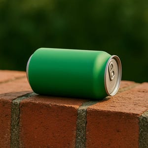 May include: A green aluminum can with a silver top rests on a red brick surface. The can is cylindrical and appears to be empty. The background is a blurred green, suggesting foliage.