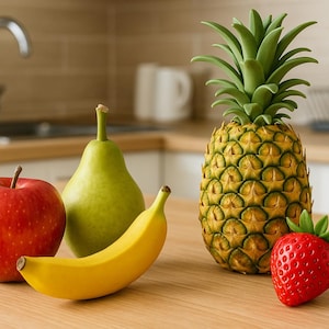 Op de afbeelding: Een stilleven van vers fruit op een houten oppervlak. De opstelling omvat een rode appel, een groene peer, een gele banaan, een ananas en een rode aardbei. De keukenachtergrond toont een gootsteen en kasten.