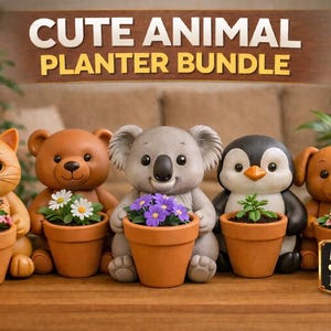 May include: A collection of five animal-shaped planters, including a cat, bear, koala, penguin, and dog, each holding a small terracotta pot with flowers or a plant. The text "CUTE ANIMAL PLANTER BUNDLE" is displayed above.